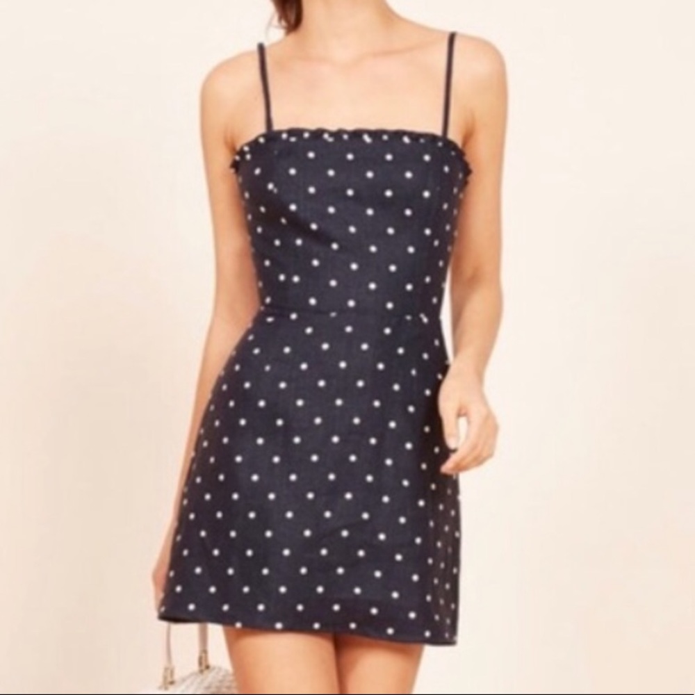 Reformation Navy Polka Dot Dress